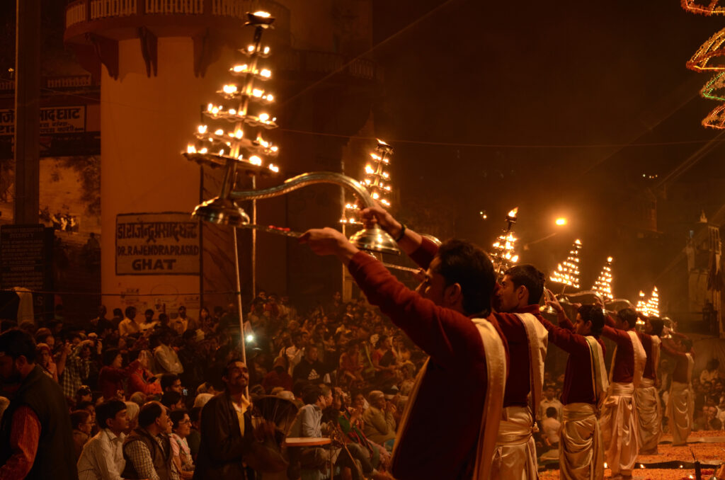 Hindu priest performing religious Ganga Aarti